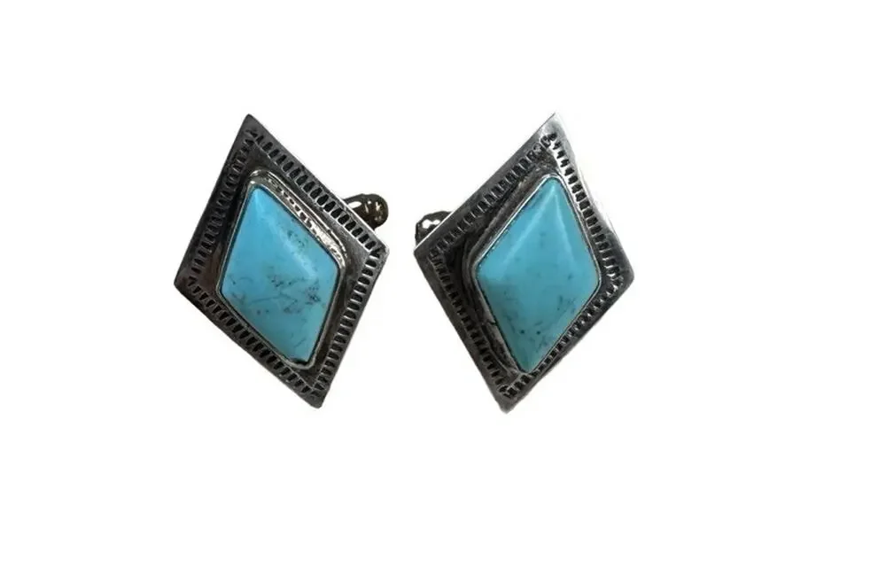 Vintage Running Bear RB Sterling Silver Turquoise Southwestern Diamond Cufflinks